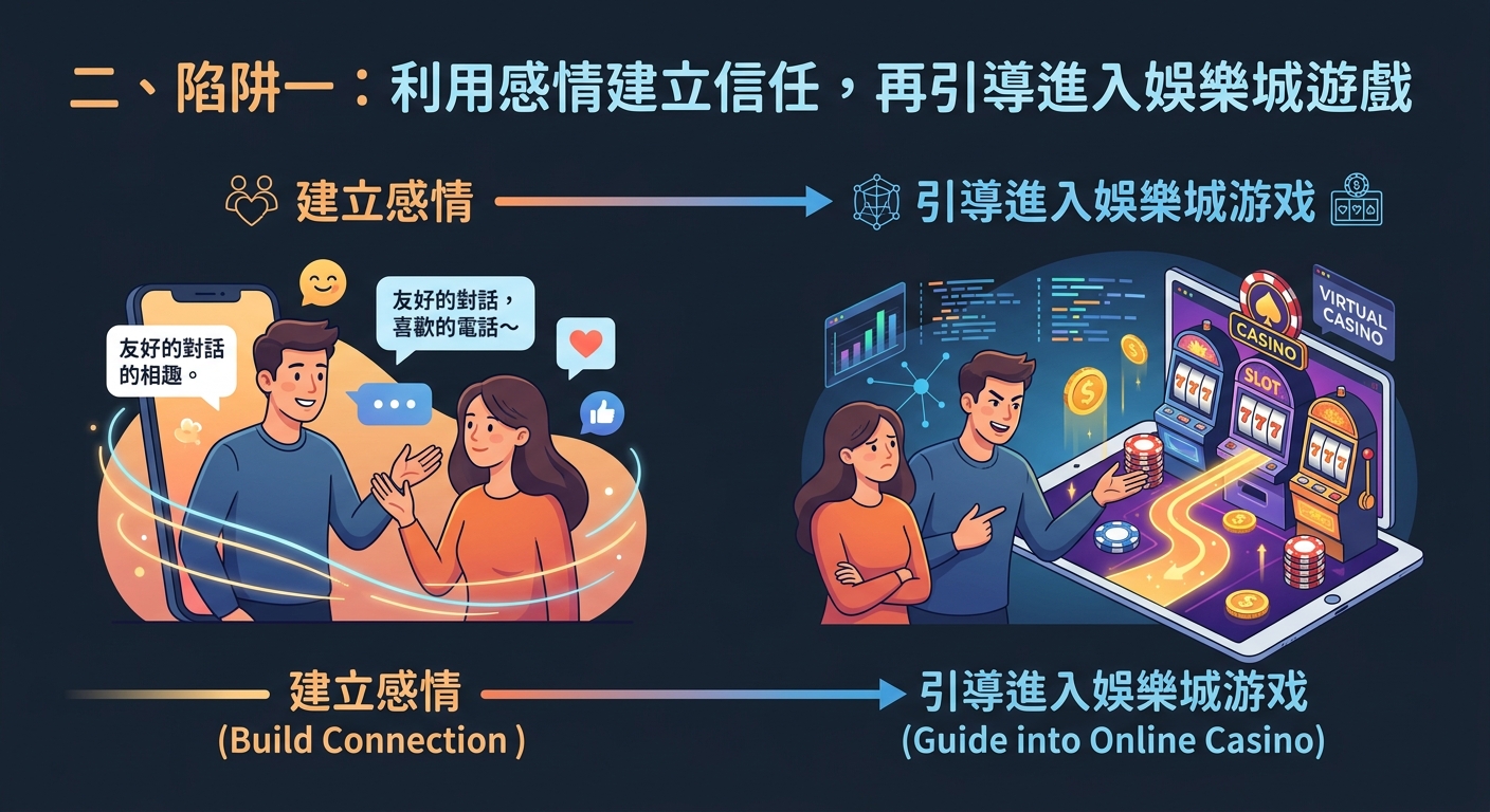 這張圖解展示了網路詐騙的常見手法，左側呈現兩人透過手機聊天建立情感與信任的溫馨畫面。 右側則揭露隨後將對方引導至線上娛樂城與賭博遊戲的陷阱，警示民眾切勿輕信感情陷阱。