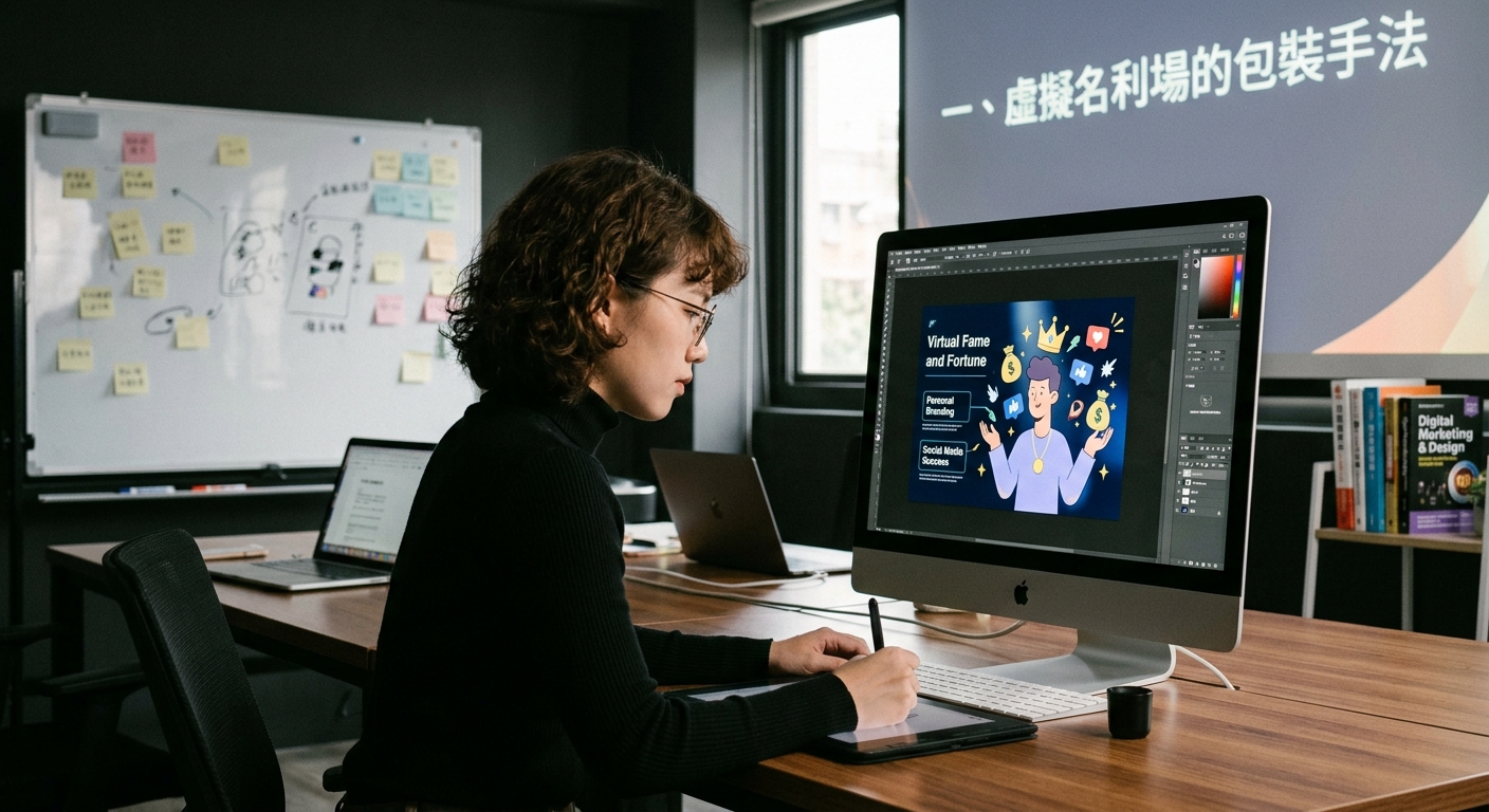 圖片展示了一位設計師在辦公室內工作，電腦螢幕上正在製作數位行銷與個人品牌的視覺內容。 上方牆面標有「一、虛擬名利場的包裝手法」字樣，完美契合虛擬包裝與社群形象打造的主題。